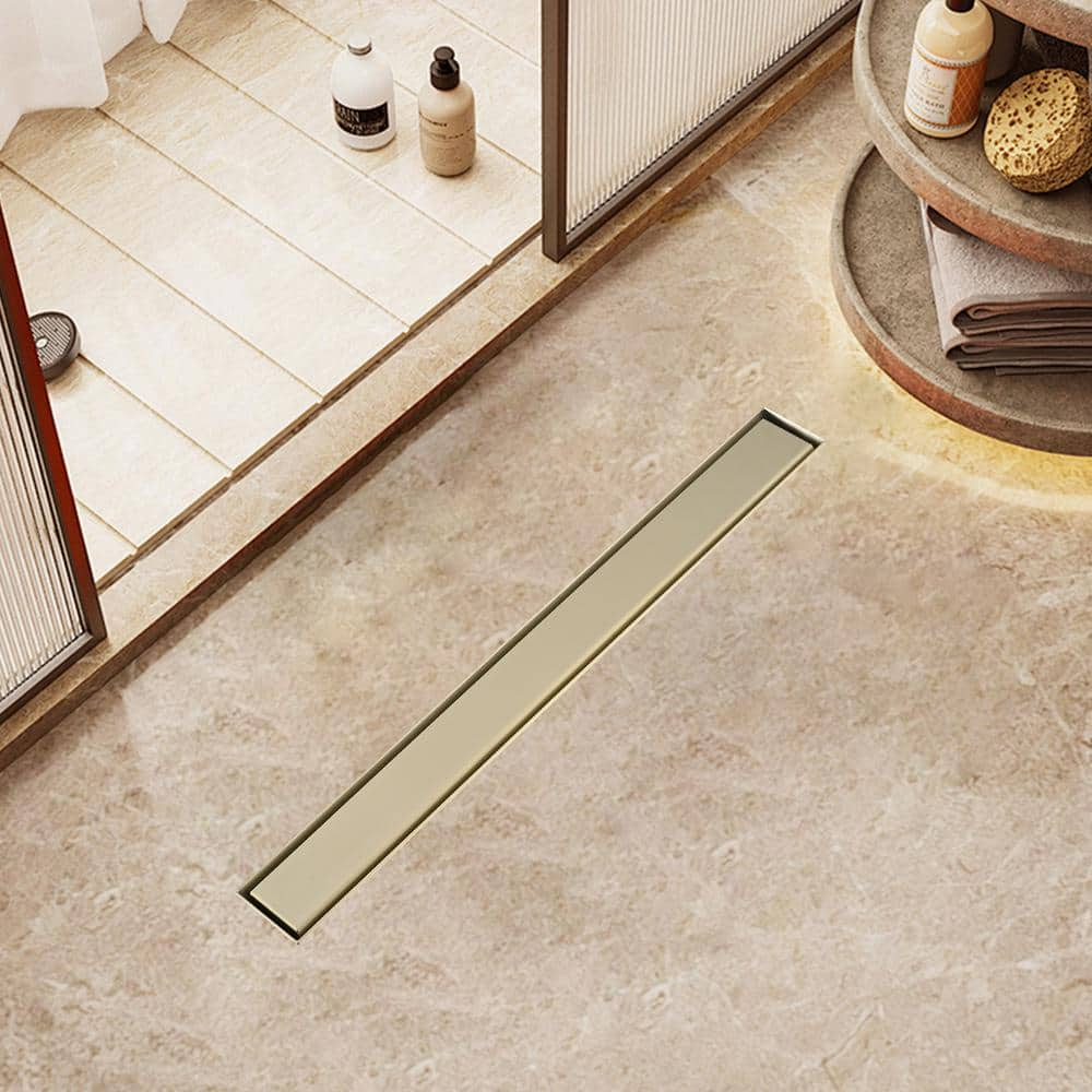 Linear Shower Floor Drain, Brushed Gold 30 Inch 304 Stainless Steel Bathroom Drains Kit, Rectangular Shower Trench Drain with Reversable Tile-in Pattern Drain Cover & Hair Catcher
