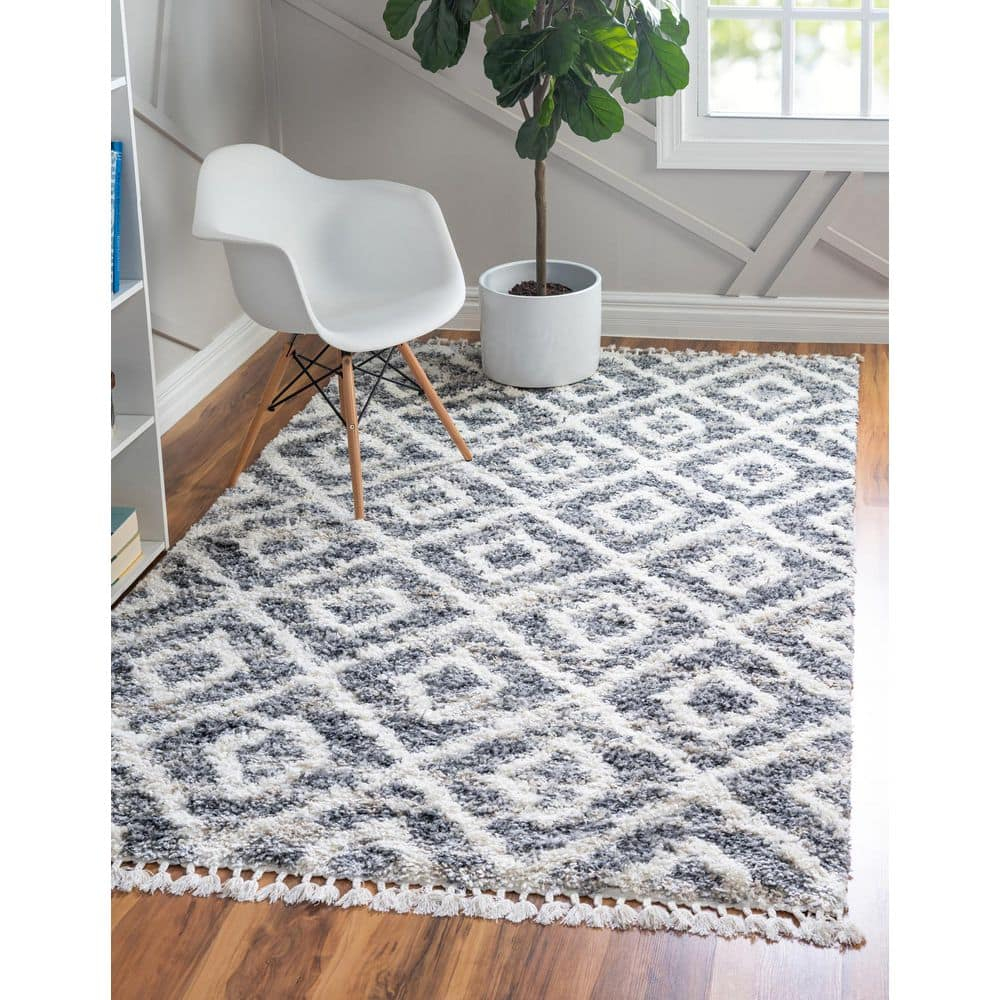 Unique Loom Hygge Shag Collection Area Rug - Diamond (9' x 12' 2" Rectangle, Gray/ Beige)