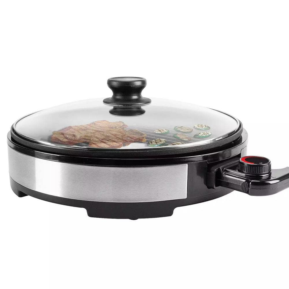 Elite Cuisine EMG1560 12” Deluxe Indoor Grill with Tempered Glass Lid, Stainless Steel