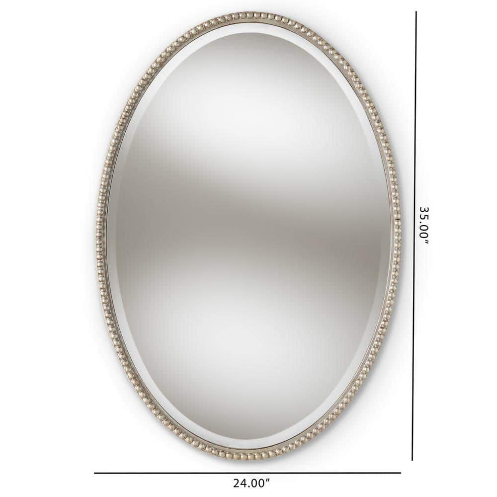 Elegant Oval Beaded Wall Mirror in Antique Silver Finish