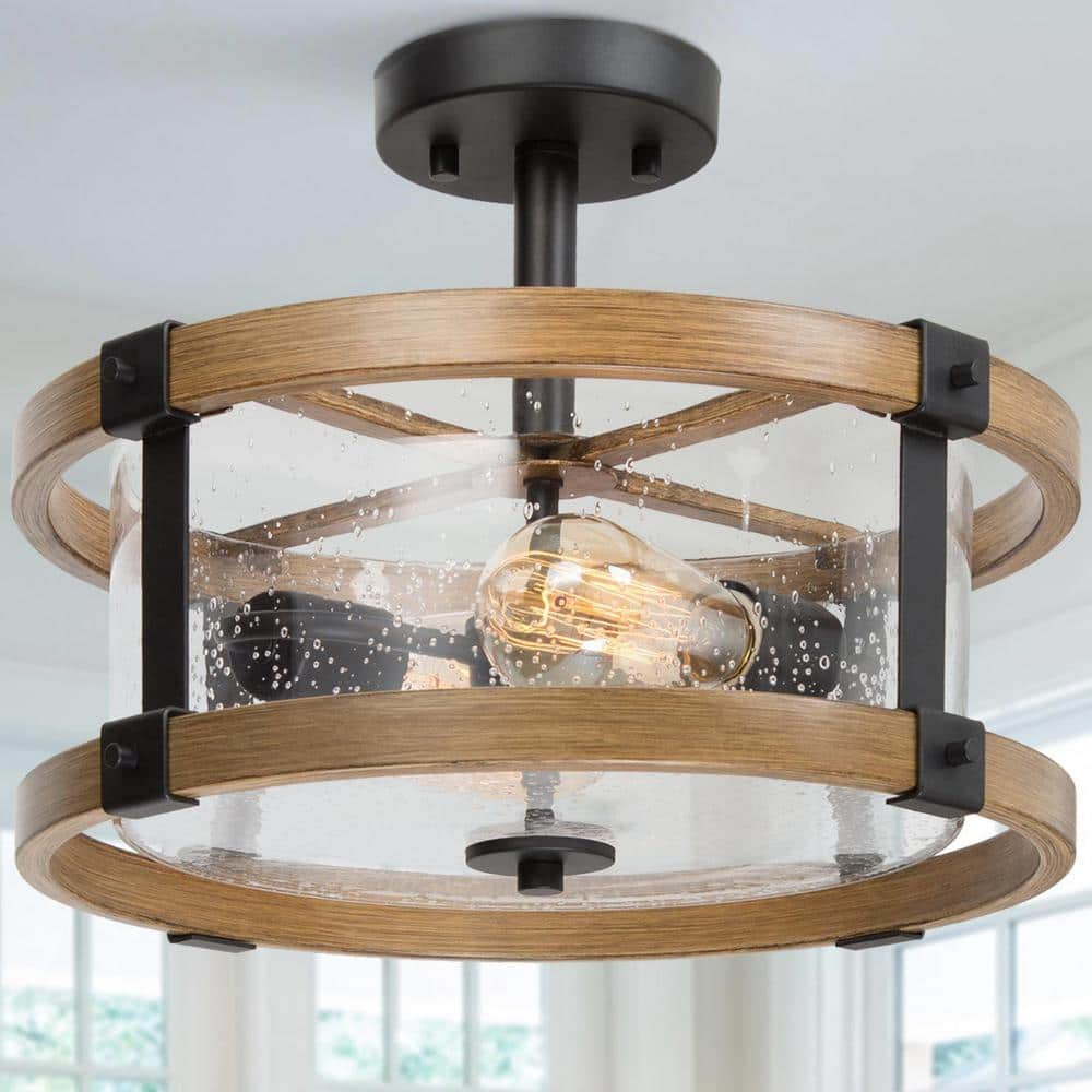 LNC Farmhouse 2-Light Semi-Flush Mount Light with Seeded Glass Shades 15",Brown Wood&Black