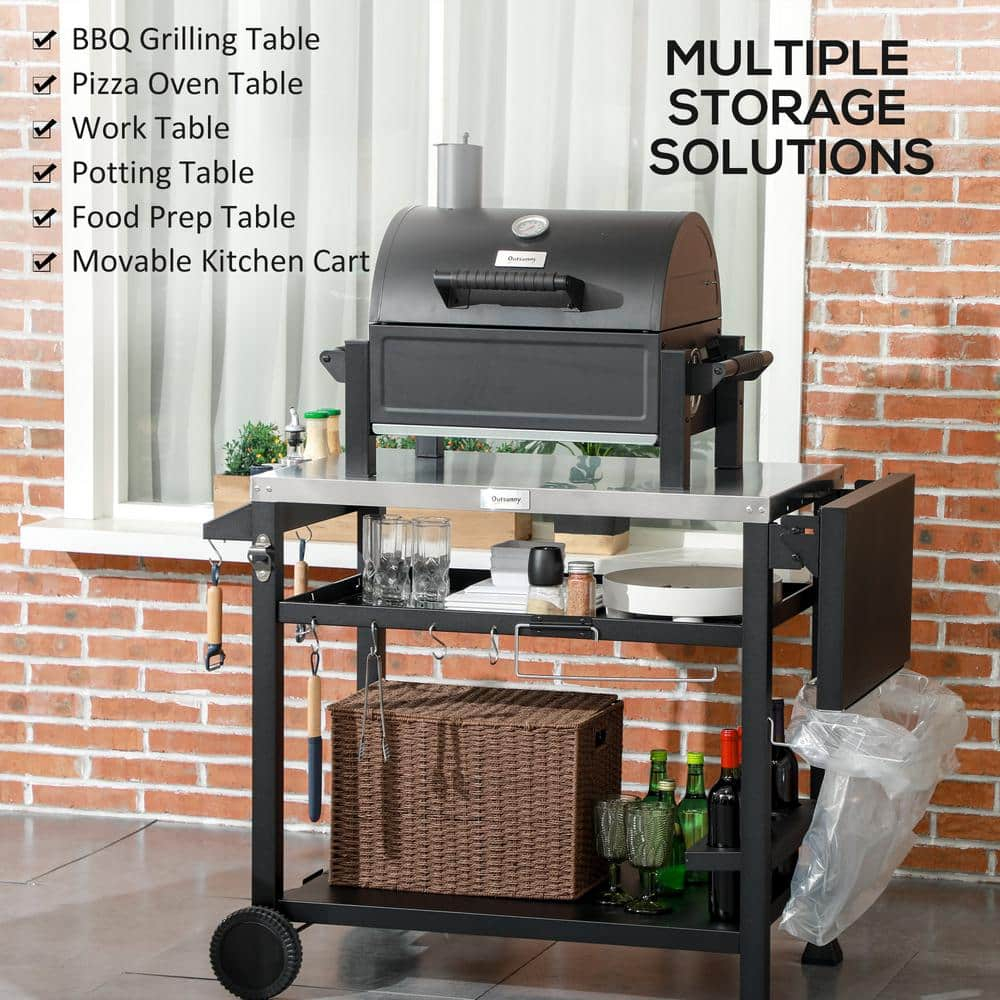 Outdoor Grill Cart with Foldable Side Table, 46" x 21.75" Multifunctional Stainless Steel Pizza Oven Stand with Three-Shelf, Movable Food Prep Table on Wheels, Black