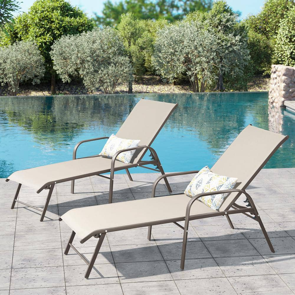 Crestlive Products Set of 2 Aluminum Patio Chaise Lounge Chair Folding Outdoor Recliners, Beige