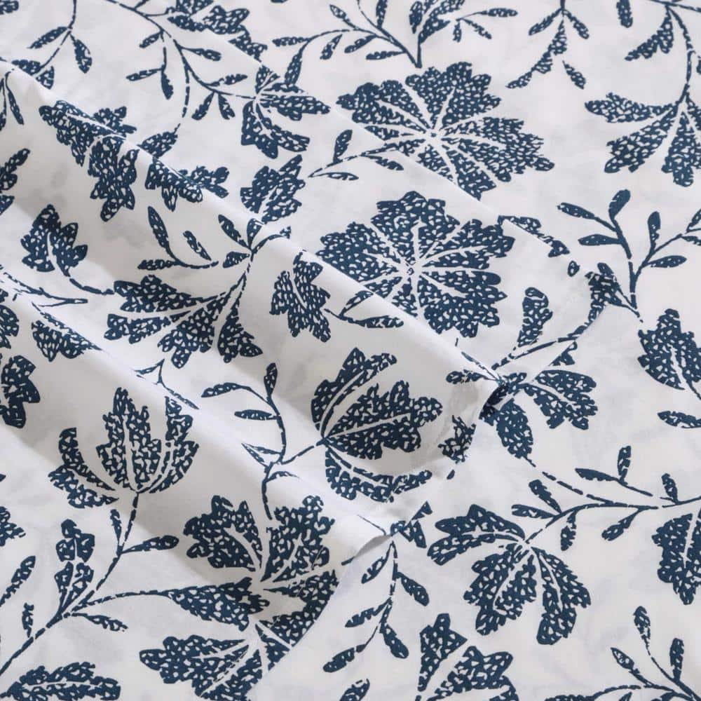 Queen Blue Floral Cotton Percale Deep Pocket Sheet Set