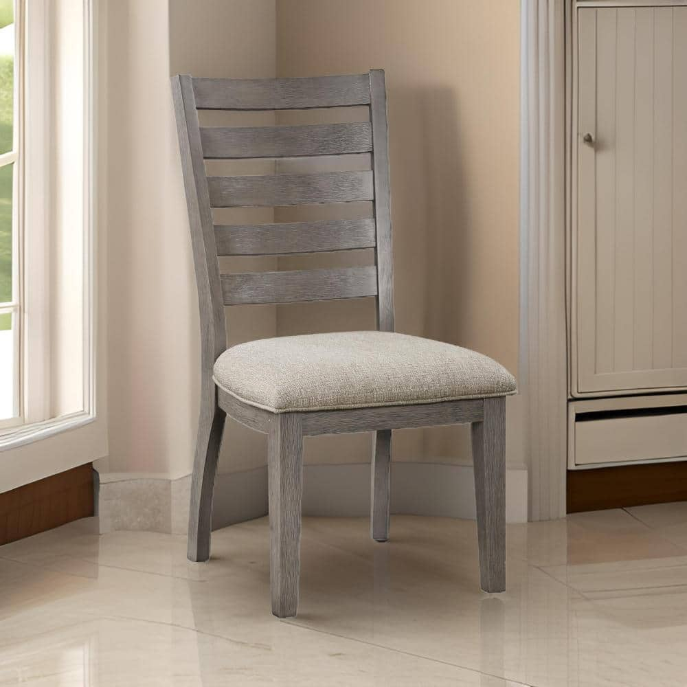 Benjara Trea 23 Inch Side Dining Chairs Set of 2, Ladder Back, Gray, Beige Cushioned Seat