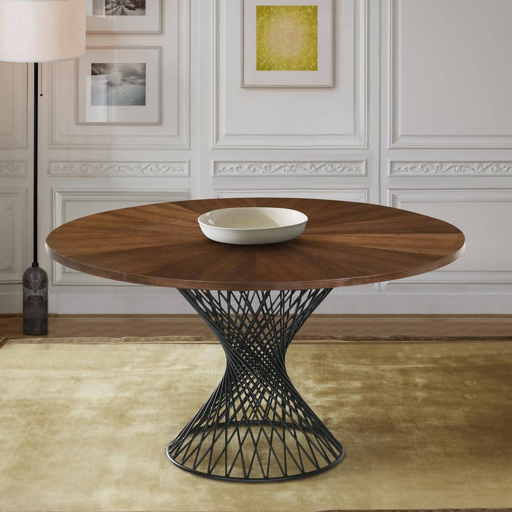 Armen Living Cirque Round Contemporary Wood Dining Table in Walnut/Black