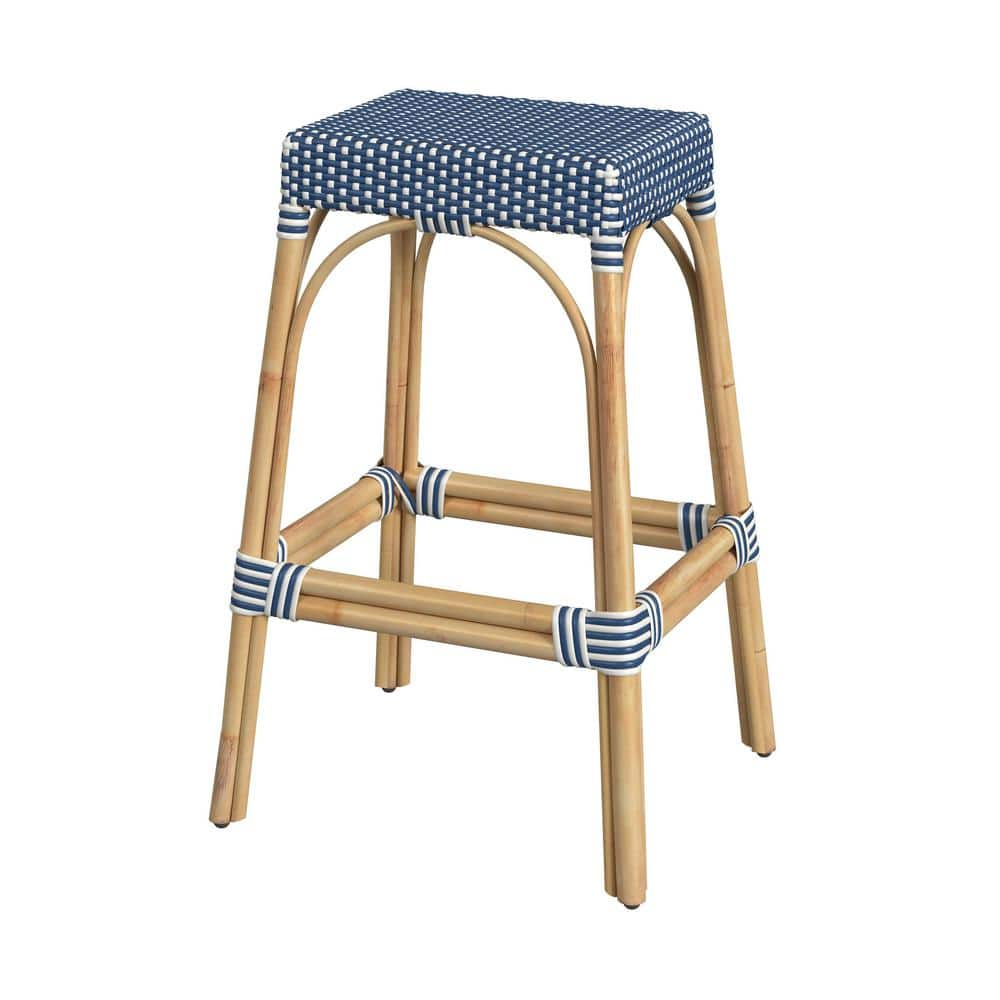 Butler Specialty Company Robias Rectangular Rattan 30" Bar Stool - Blue & White