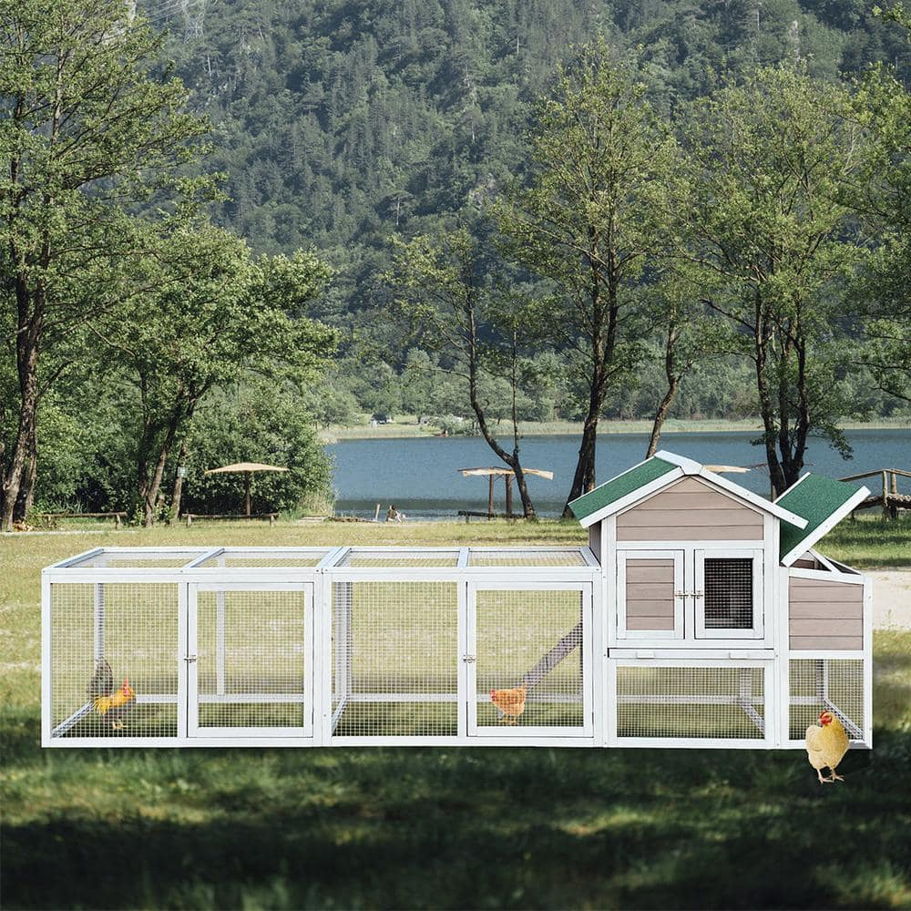 122 in. Large Gray Wood Chicken Coop Hen House Pet Rabbit Hutch Wooden Pet Cage Backyard with Nesting Box