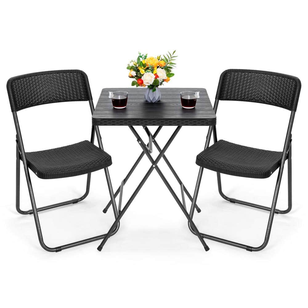 Nuu Garden 3 -Piece Black Rattan Bistro Patio Dining Set Iron Square Table with 2 Stationary Chairs