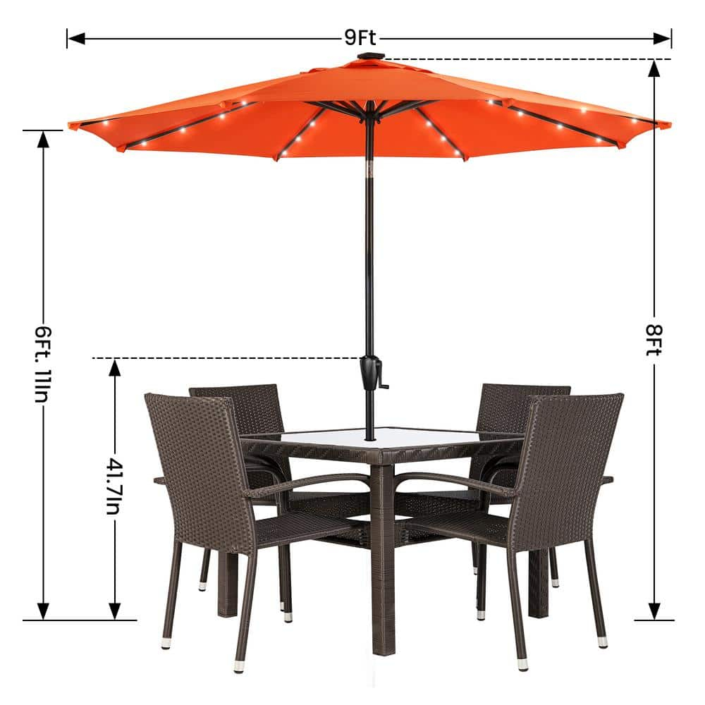 Sun-Ray 9 FT 32 LED Patio Solar Umbrella w/ Push Button Tilt and Crank Outdoor Umbrella, 8 Sturdy Ribs, UV Protection, Solution-Dyed Fabric, Orange