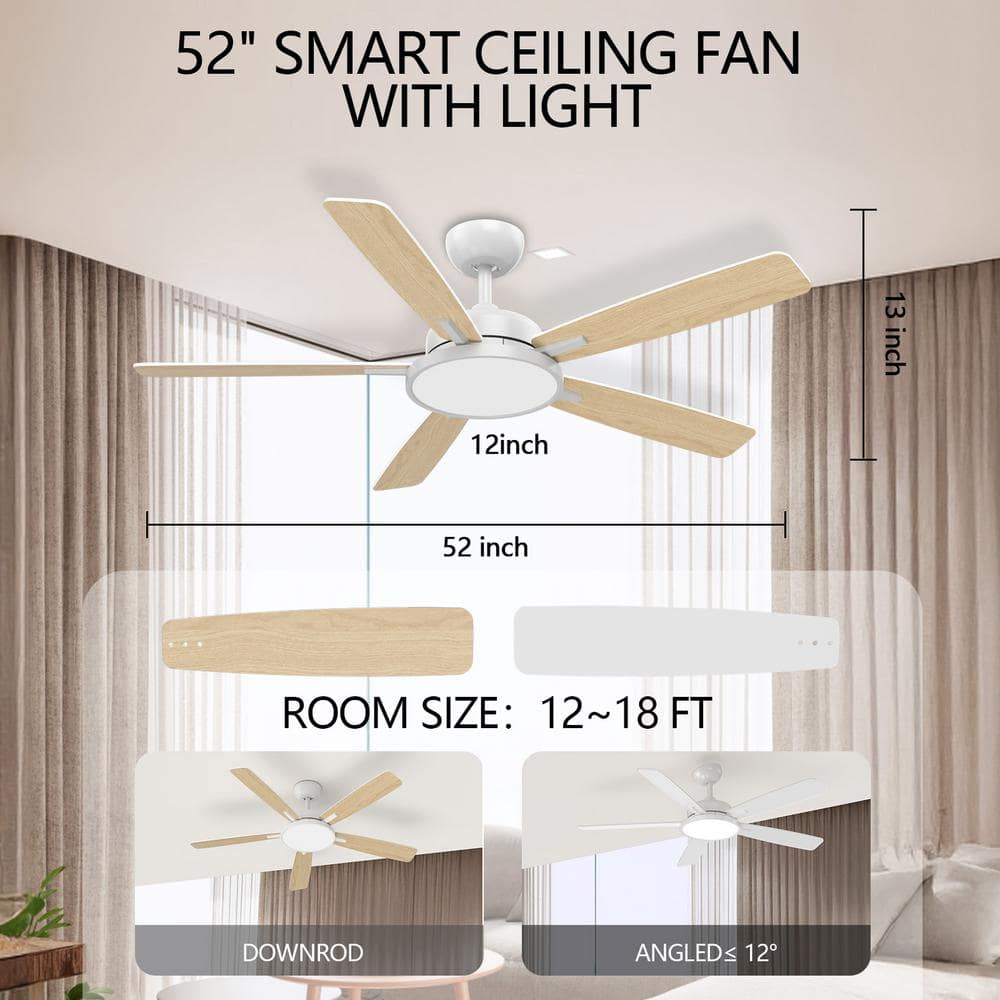 T5 52 in. Smart Indoor White Ceiling Fan with Dimmable LED Light Compatible with Google Home Alexa App Control