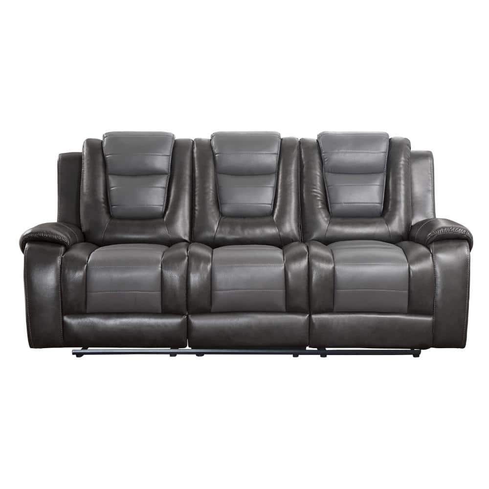 Istro 86 Inch Dual Manual Recliner Sofa, Drop Table, Gray Faux Leather