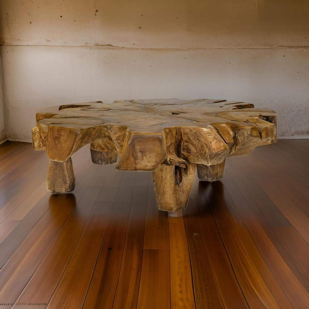 Benjara 47 Inch Coffee Table, Teak Root Frame, Natural Wood Grains, Classic Brown