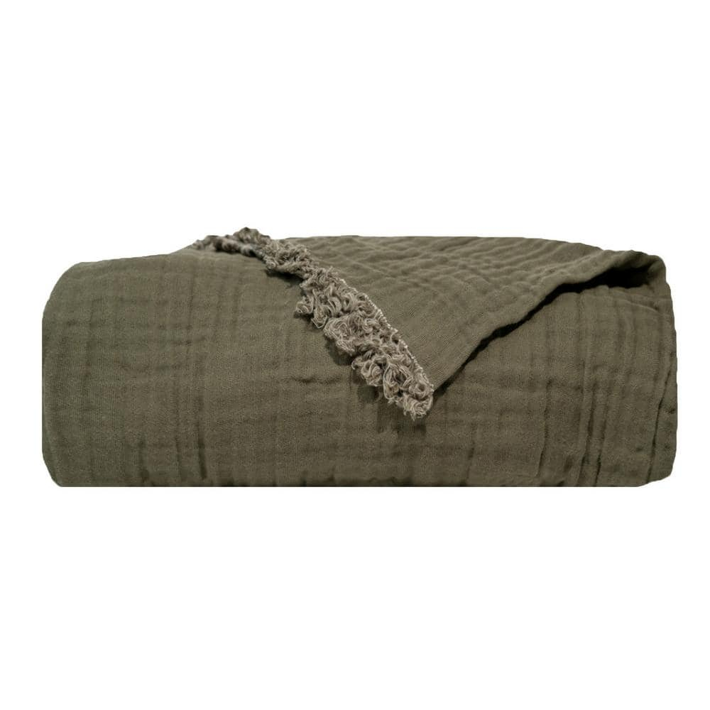 50"x60" Two Toned Organic Throw Blanket Olive Green - Truly Soft: GOTS Certified, Reversible, Fringe Edge