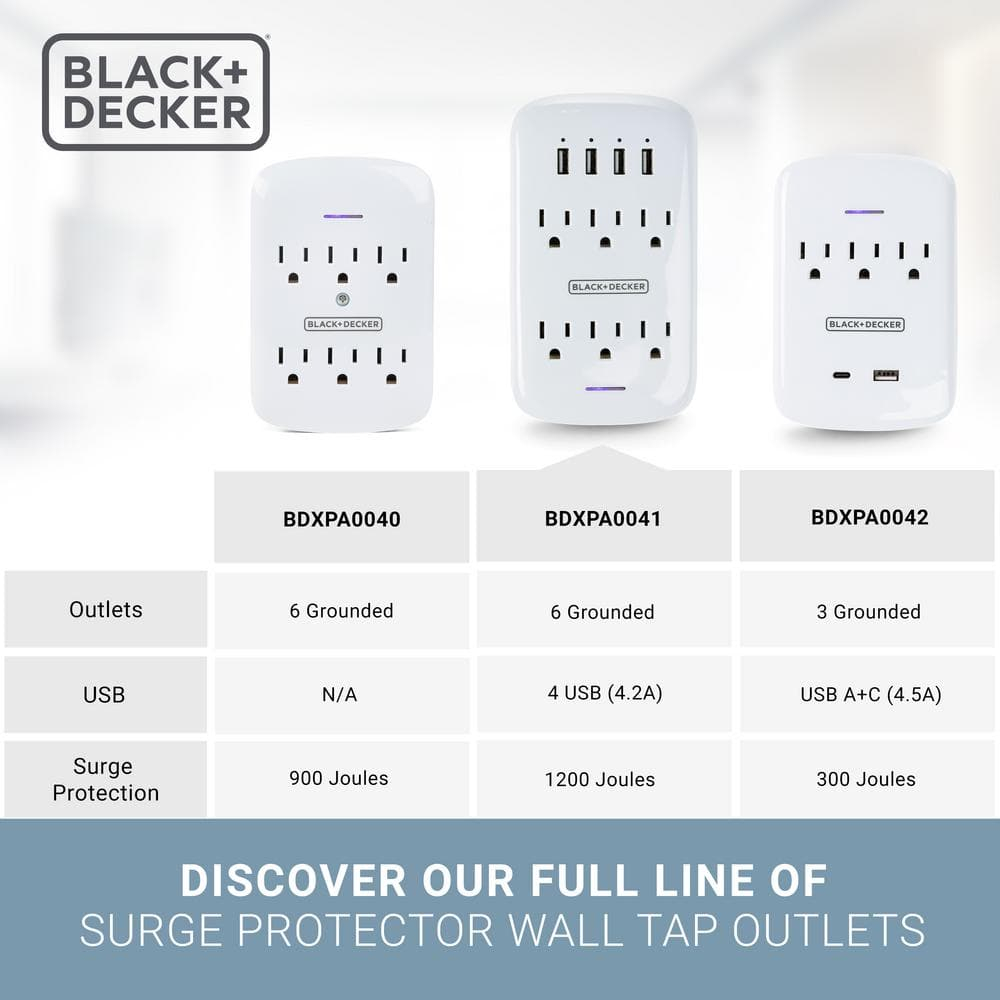 Black + Decker Surge Protector Wall Tap 6 Outlets + 4 USB