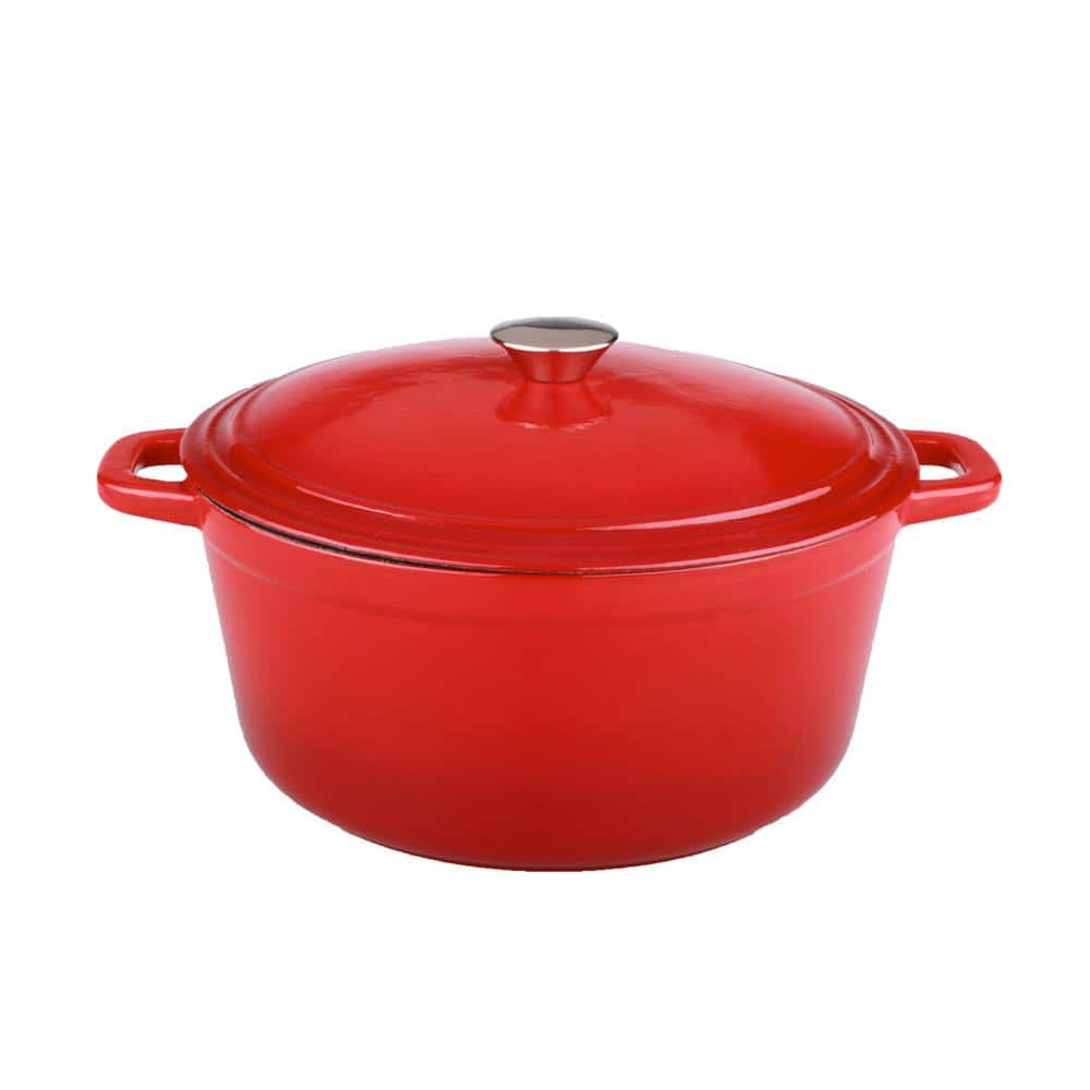 BergHOFF Neo 5Pc Cast Iron Set, 3Qt Covered Dutch Oven, 5Qt Covered Stock Pot, & 10" Fry Pan, Red
