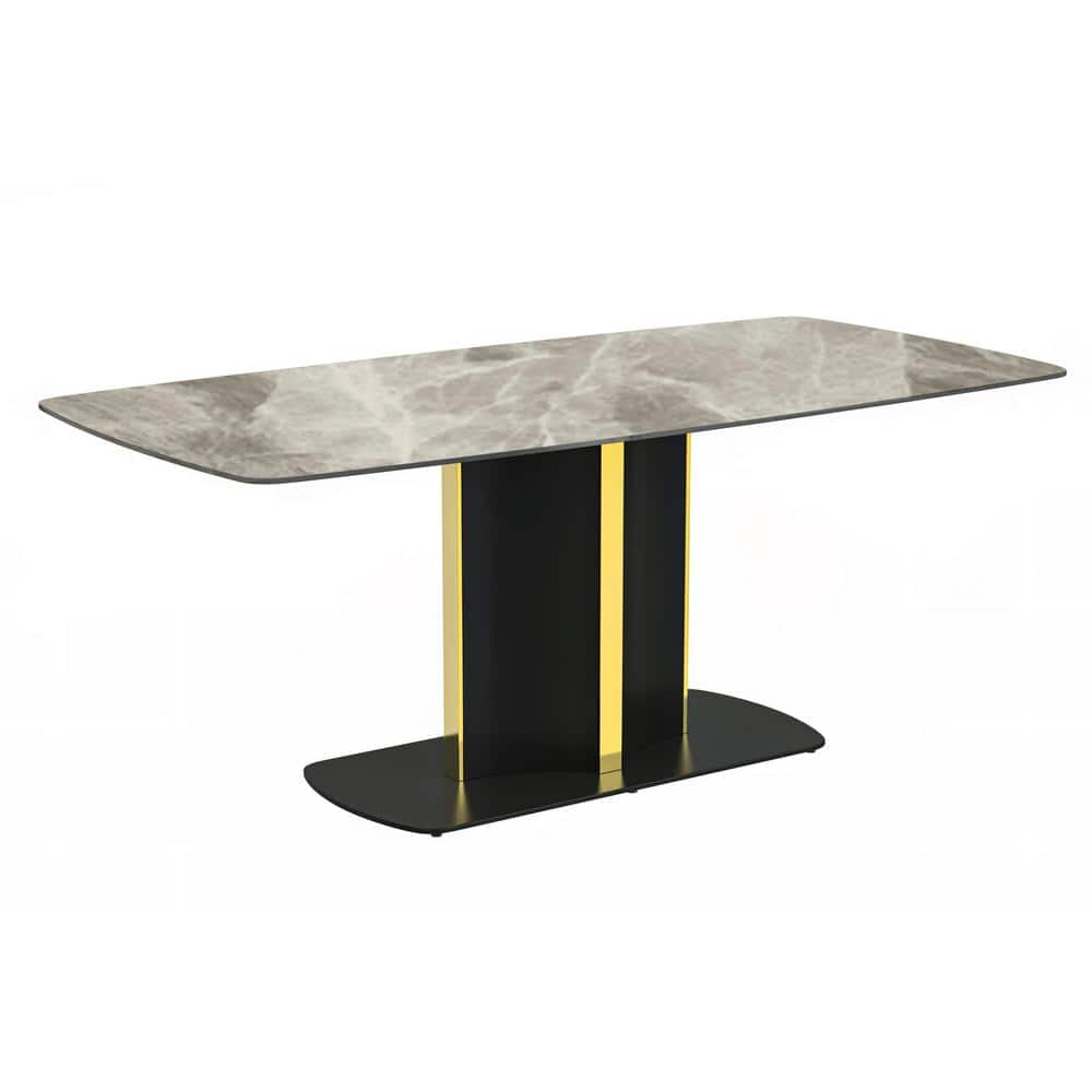 LeisureMod Sylva Mid-Century Modern 55" Rectangular Dining Table with Sintered Stone Table Top and Gold Steel Pedestal Base for Kitchen and Dining Room, Deep Grey