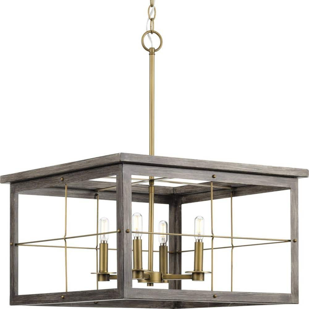 Progress Lighting, Hedgerow Collection, 4-Light Chandelier, Distressed Brass, Windowpane Design