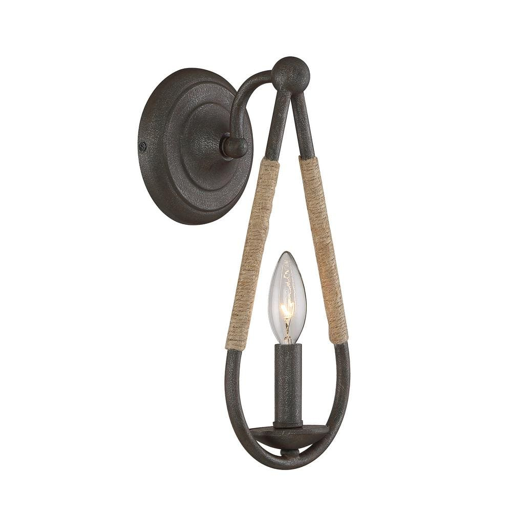 6 in. W x 13 in. H 1-Light Rusty Nail Wall Sconce with Rope Accent and Exposed Bulb