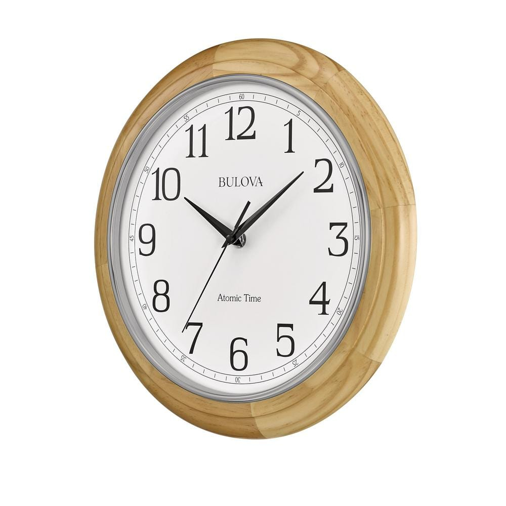Bulova Wooden Atomic analog wall clock, C5005 Atomic Time 2, sets automatically, quartz battery.