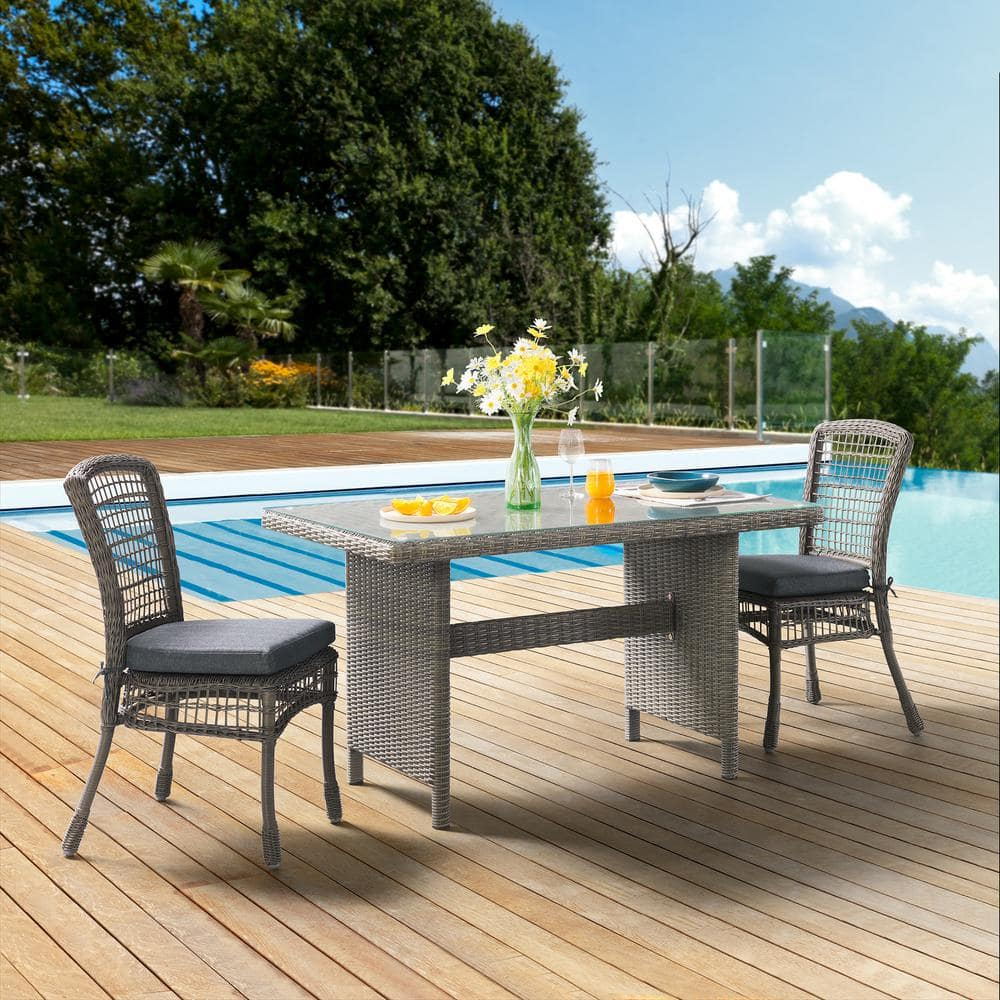 Alaterre Asti All-Weather Wicker 3-Piece Outdoor Dining Set with 30" H Table with Glass Top and Two 37" H Dining Chairs, Gray