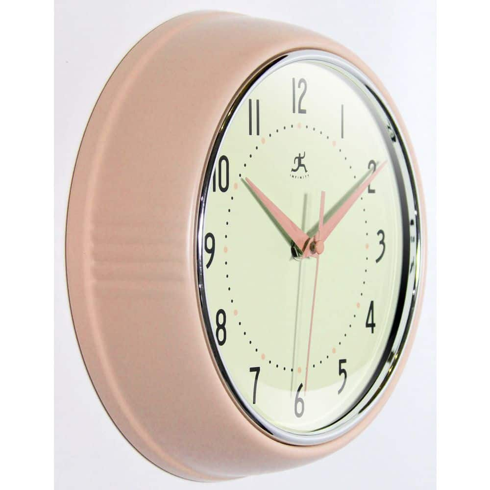 Infinity Instruments Retro Round Rose Blush Metal 9.5-inch Analog Wall Clock