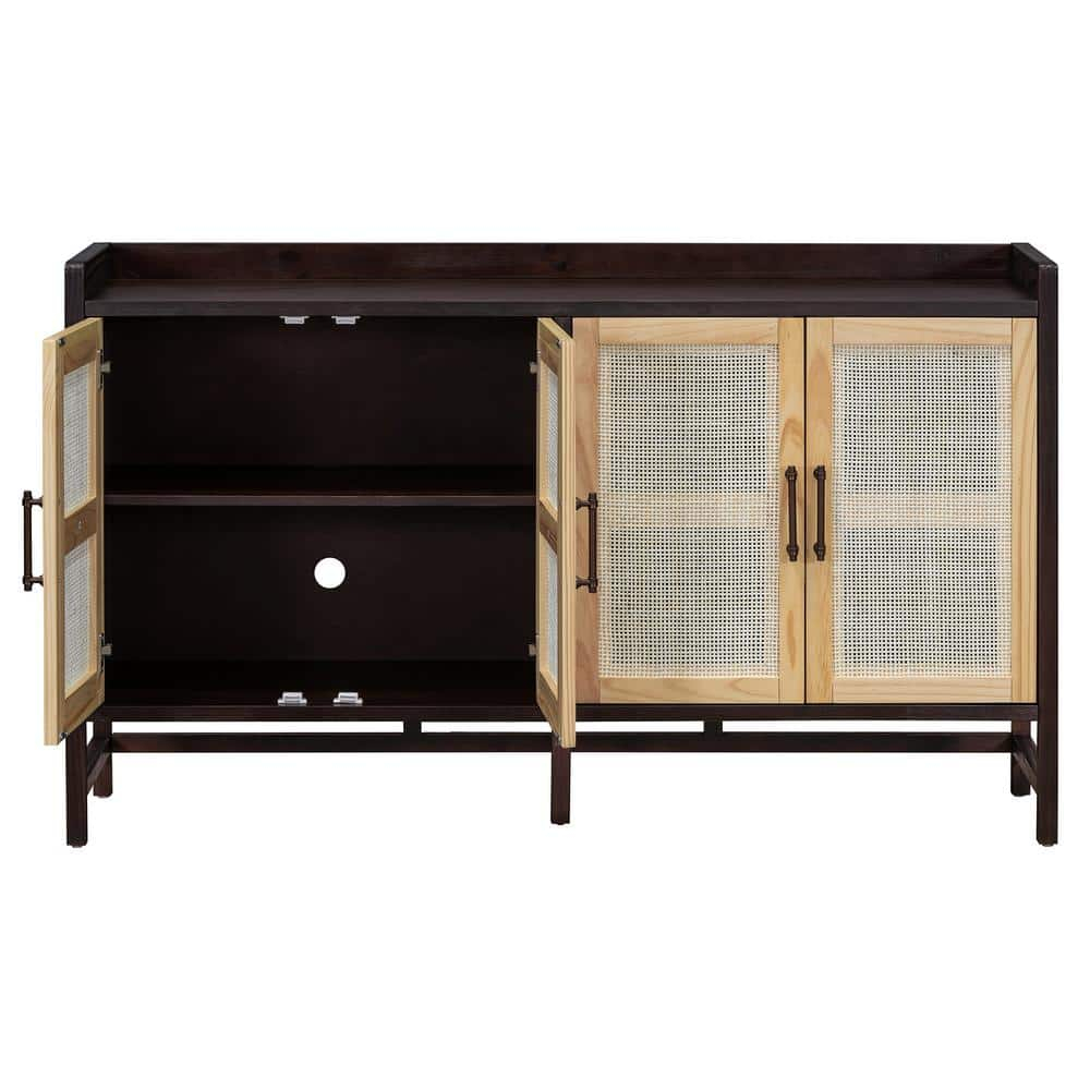 Natural Walnut Wood 60 in. Sideboard with Decorative Rattan Doors and Adjustable Shelves