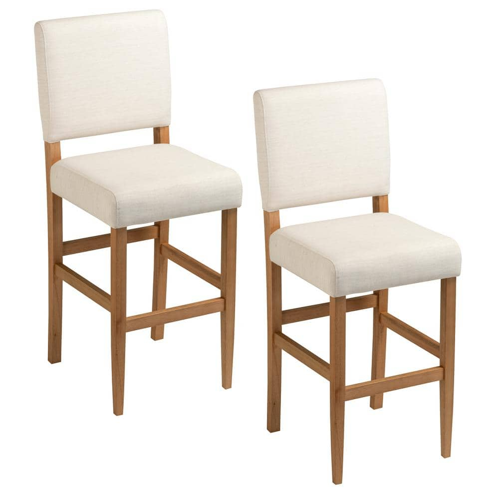 Brax Bar Height 28-inches Stool Natural White Sand, with Upholstered Back and Wood Base - 2-Pack