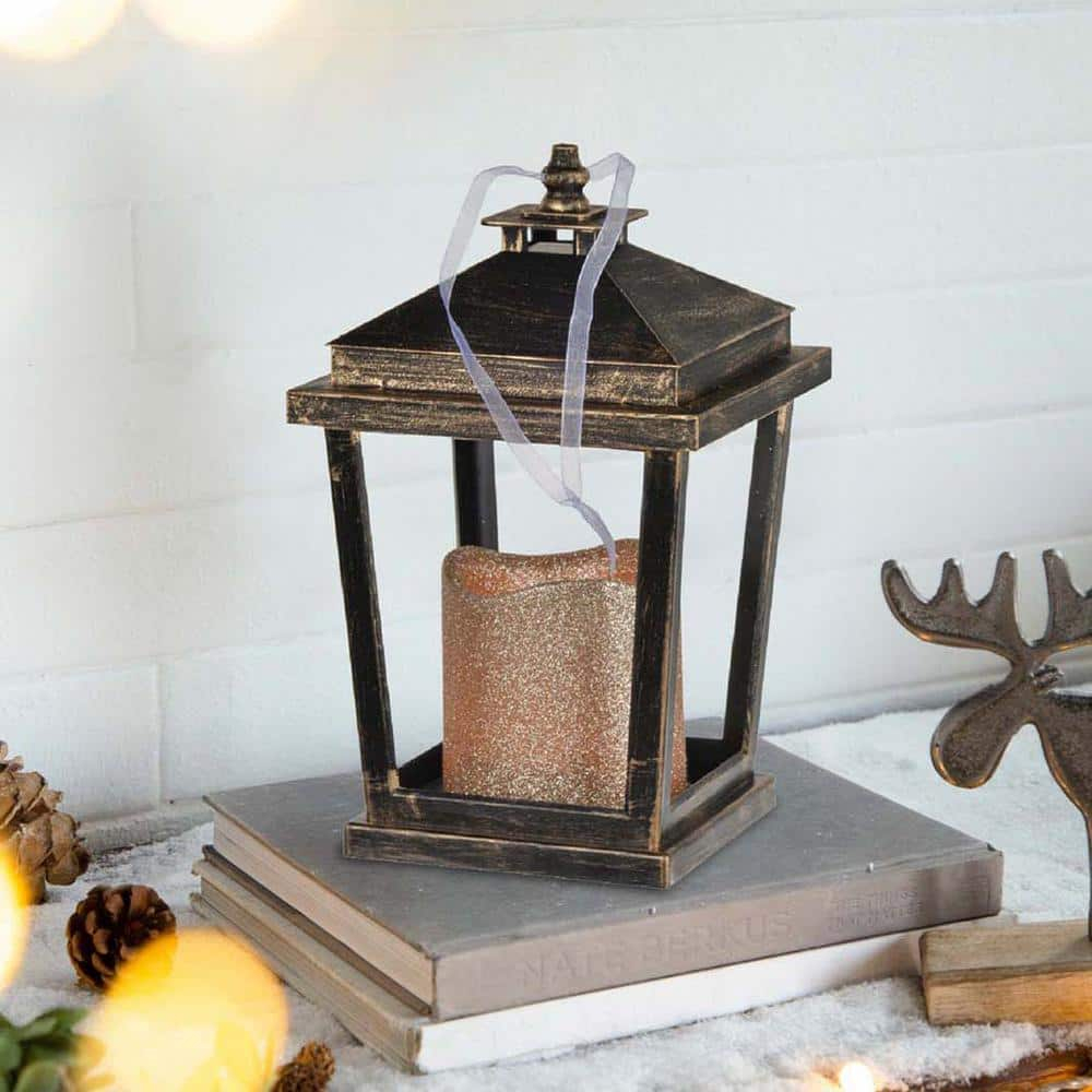 Gzxs Outdoor Lanterns with LED Pillar Candle, 8.9 Inch, 2 Pack, Hanging Decorative Candle Lamp Holder for Porch, Floor or Patio Home Decor (Antique Bronze)
