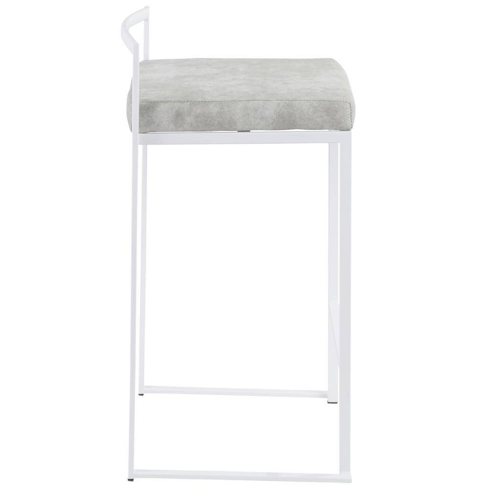 Contemporary Stackable Counter Stool In White With Light Grey Cowboy Fabric Cushion - Set Of 2