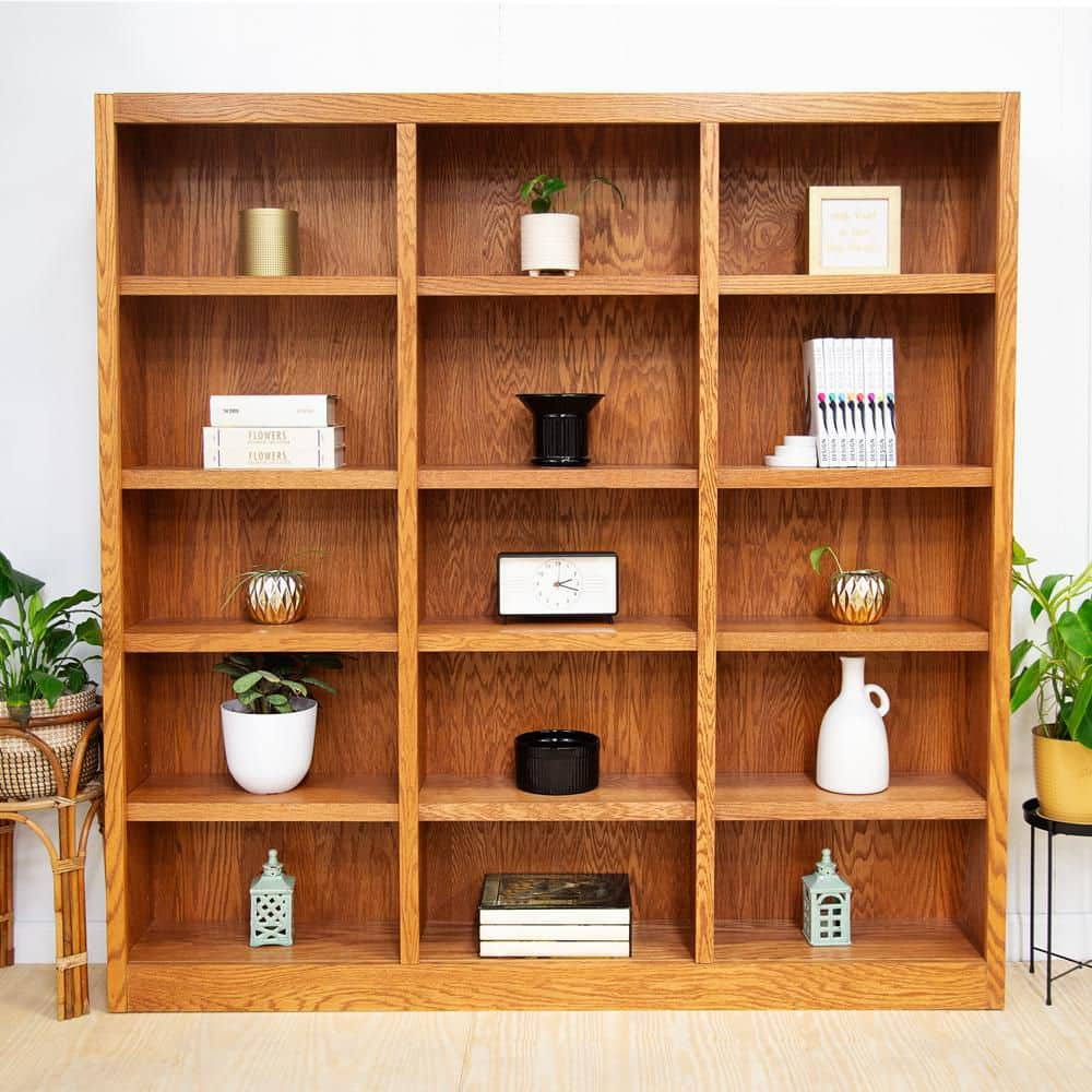 Concepts in Wood Traditional 72" Tall 15-Shelf Triple Wide Wood Bookcase in Oak