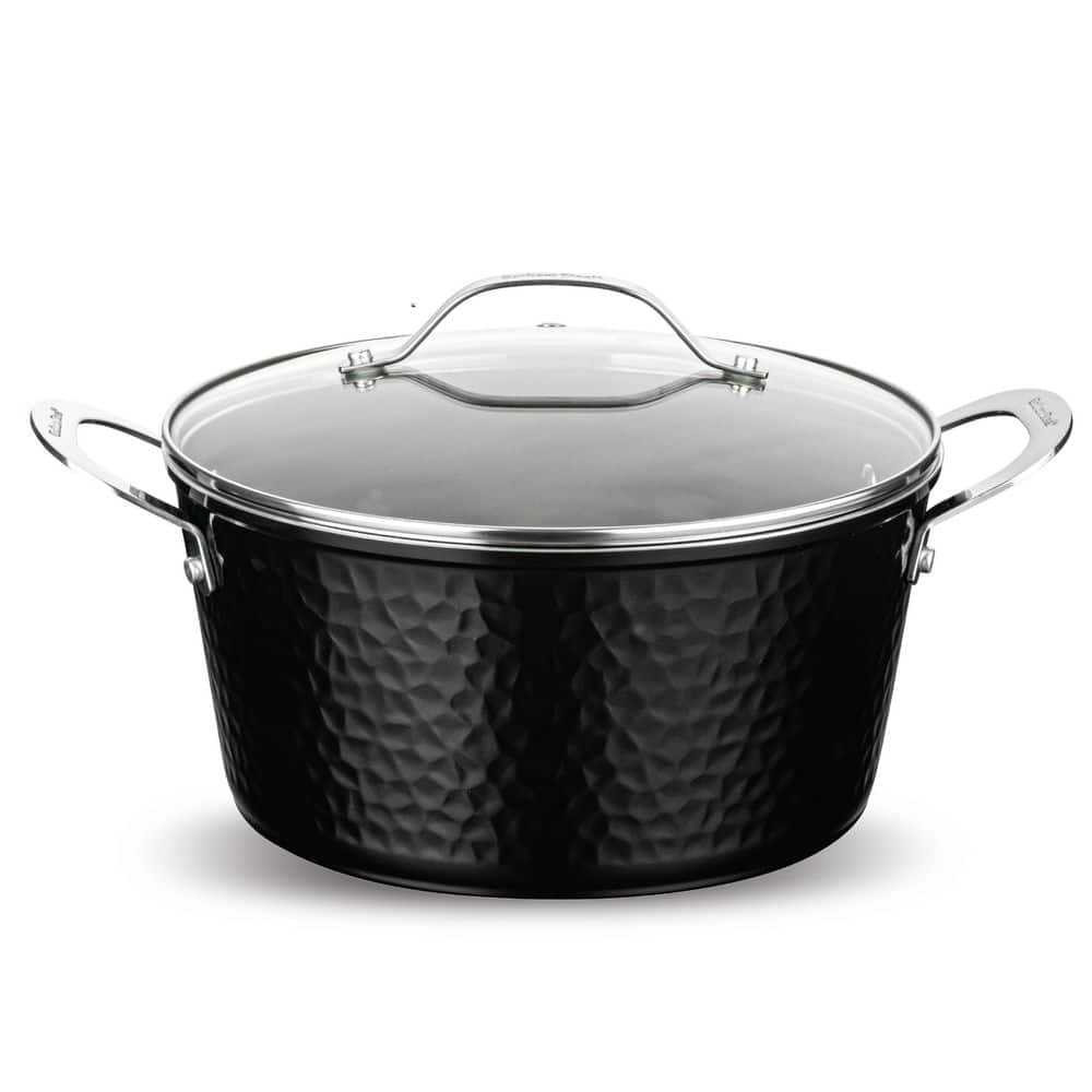 Gotham Steel Hammered Stock Pot 5 Quart Large Soup Pasta Pot Nonstick Ceramic Cooking with Glass Lid Black