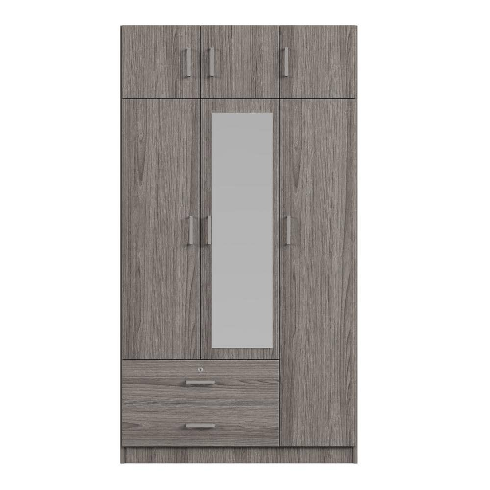 Gray 41.3 in. 3-Door Wooden Wardrobe Armoire with Mirror, 2-Drawers, Shelves, a Hanging Rod, Top Cabinet