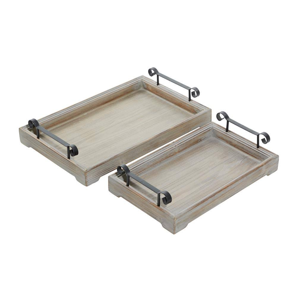 DecMode 20", 17"W Beige Wood  Tray with Metal Handles, 2-Pieces