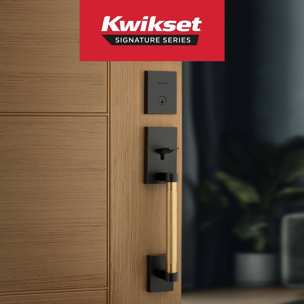 Kwikset Prava Front Door Lock Handle and Deadbolt Set, Entry Handleset Exterior with Interior Reversible Lever, Matte Black and Satin Brass, Pick Resistant SmartKey Deadbolt, with Microban Protection