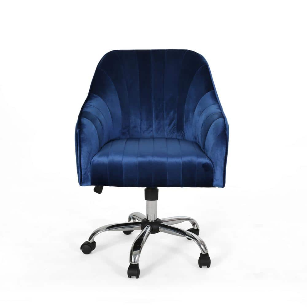 Noble House Lylah Glam Velvet Home Office Chair with Swivel Base, Navy Blue and Silver Finish