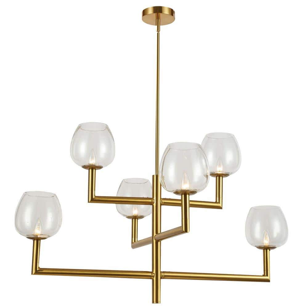 Modern Brass 6-Light Chandelier with Clear Candlestick Shades