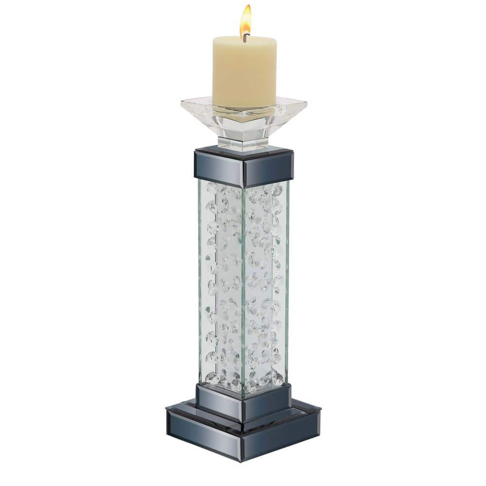 DecMode Silver Glass Pillar Candle Holder with Floating Crystals