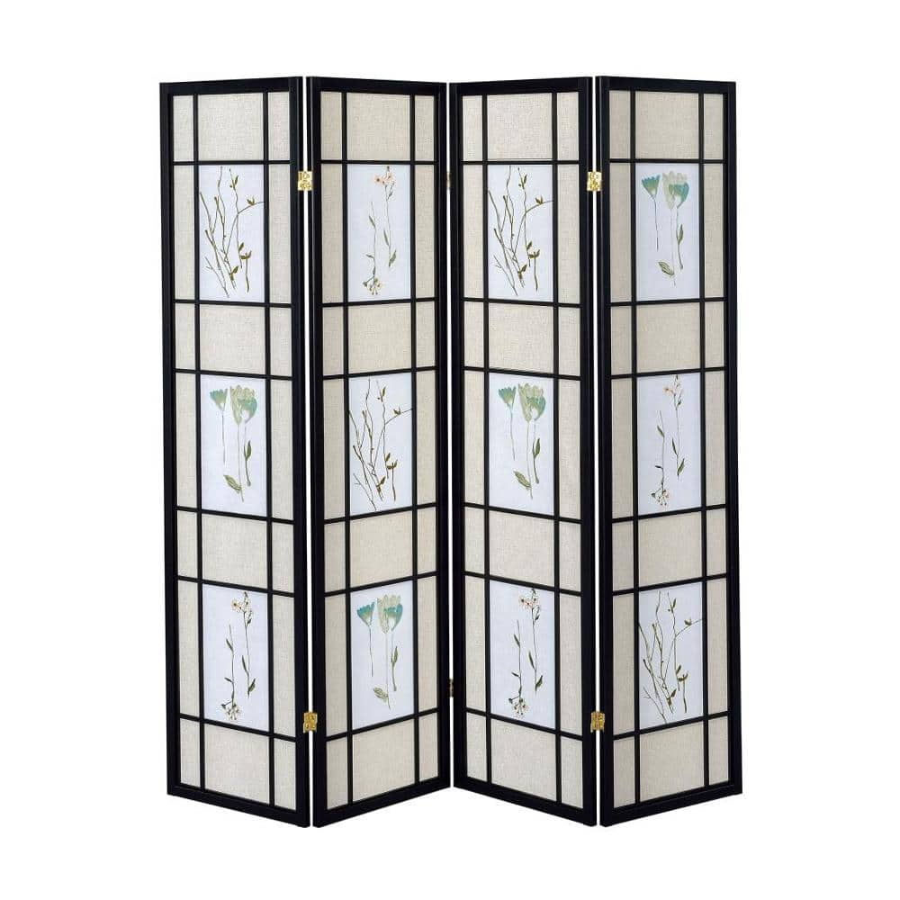 4-Panel Folding Screen with Floral Motif, Multicolor