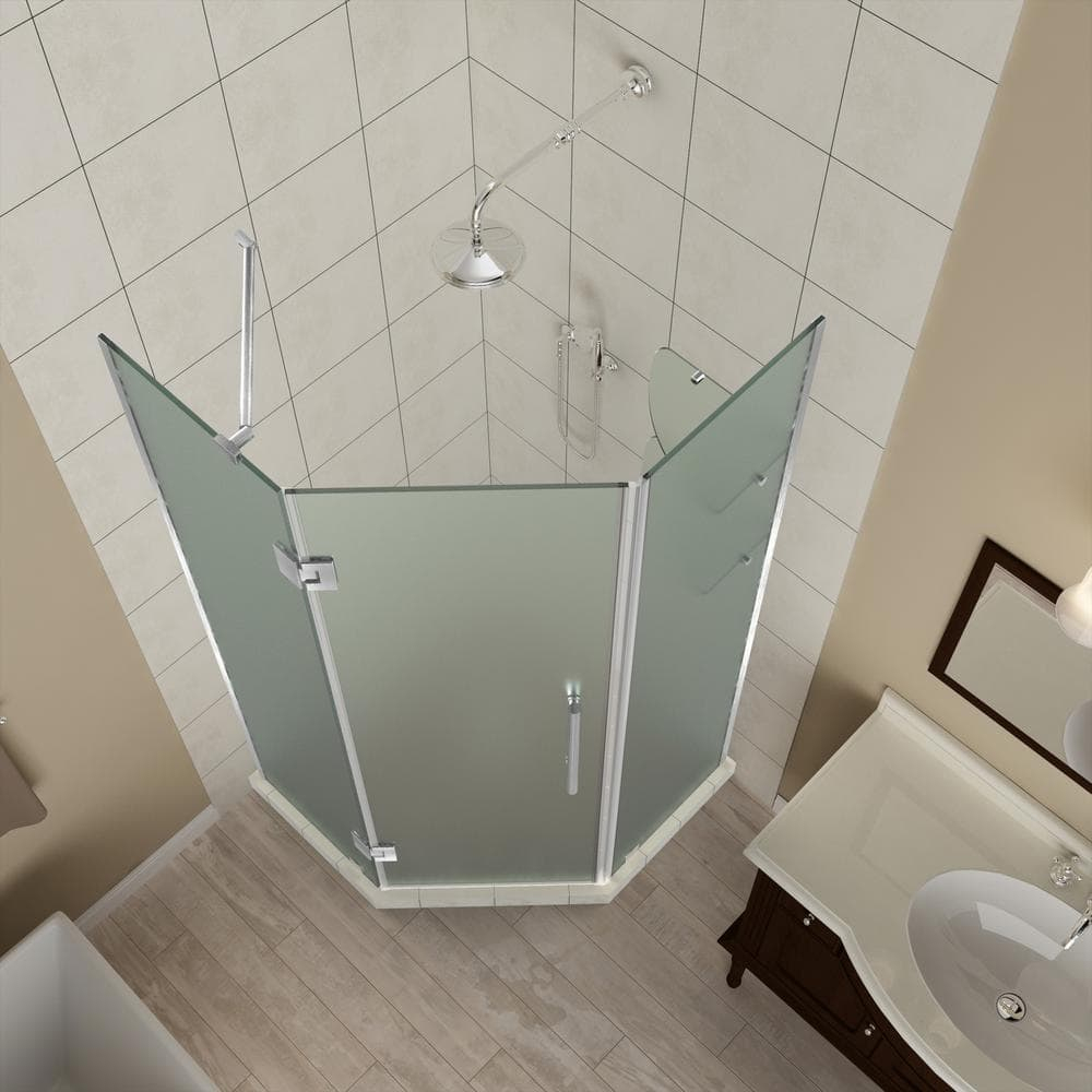 MerrickGS 40 to 40.5 x 72 Frameless Neo-Angle Hinged Shower Enclosure with Frosted Glass and Shelves in Stainless Steel