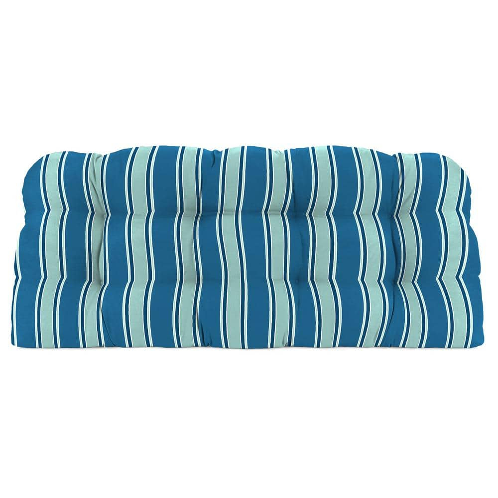 Jordan Manufacturing 44" x 18" Sanders Puff Blue and Gray Green Stripe Rectangular Tufted Contoured Outdoor Wicker Settee Bench Cushion