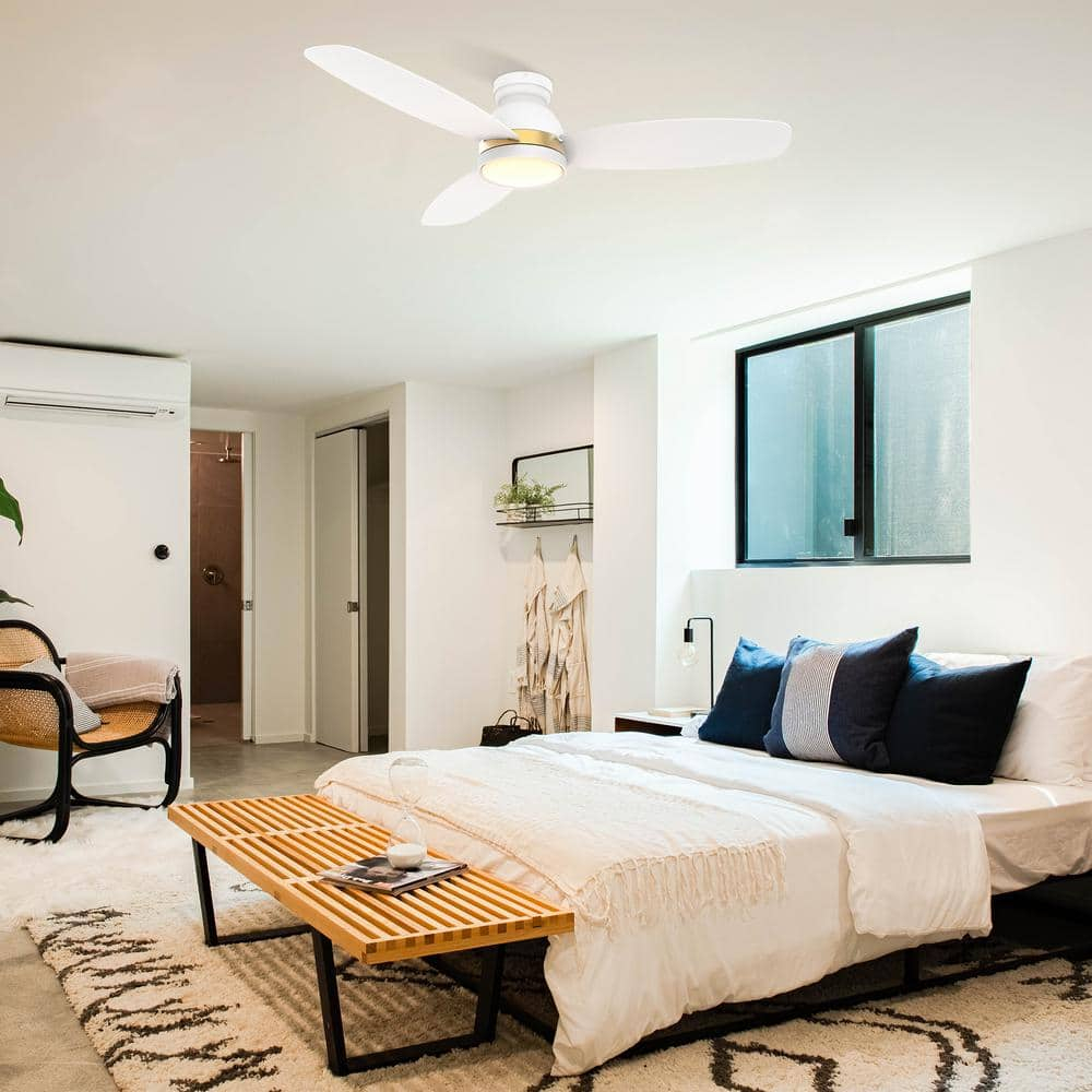 52" White/Gold Indoor Low Profile Smart Ceiling Fan with Remote Control and Dim Lights