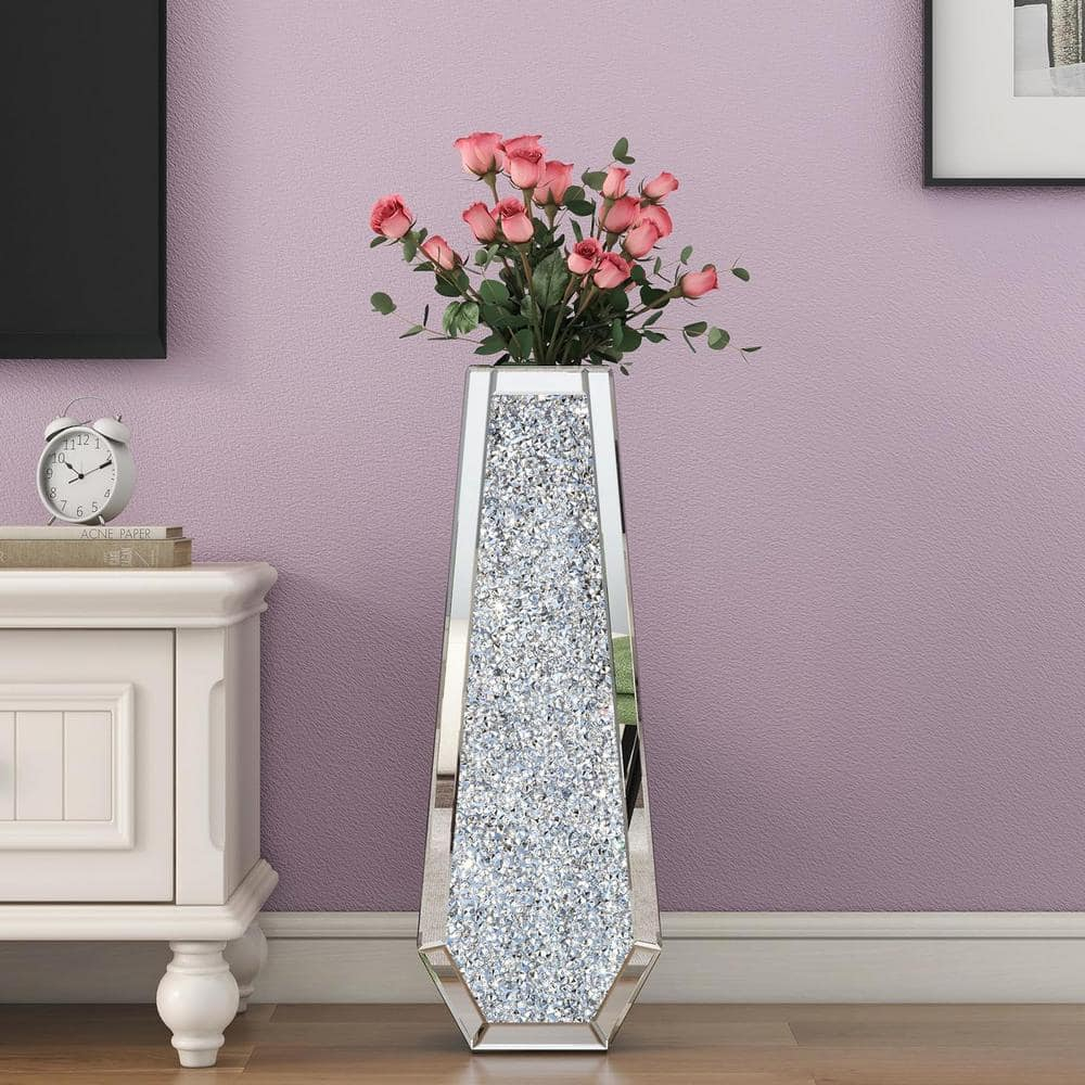 30" Tall Silver Glass Floor Vase with Crushed Diamond Mirror