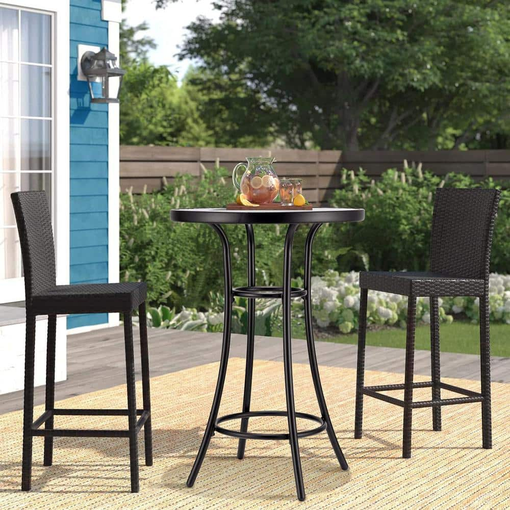Bar Height Patio Glass Table, 2-Tier High Top Outdoor Metal All-Weather Round Bistro Table With Tempered Glass Top for Balcony Backyard Pool, Black