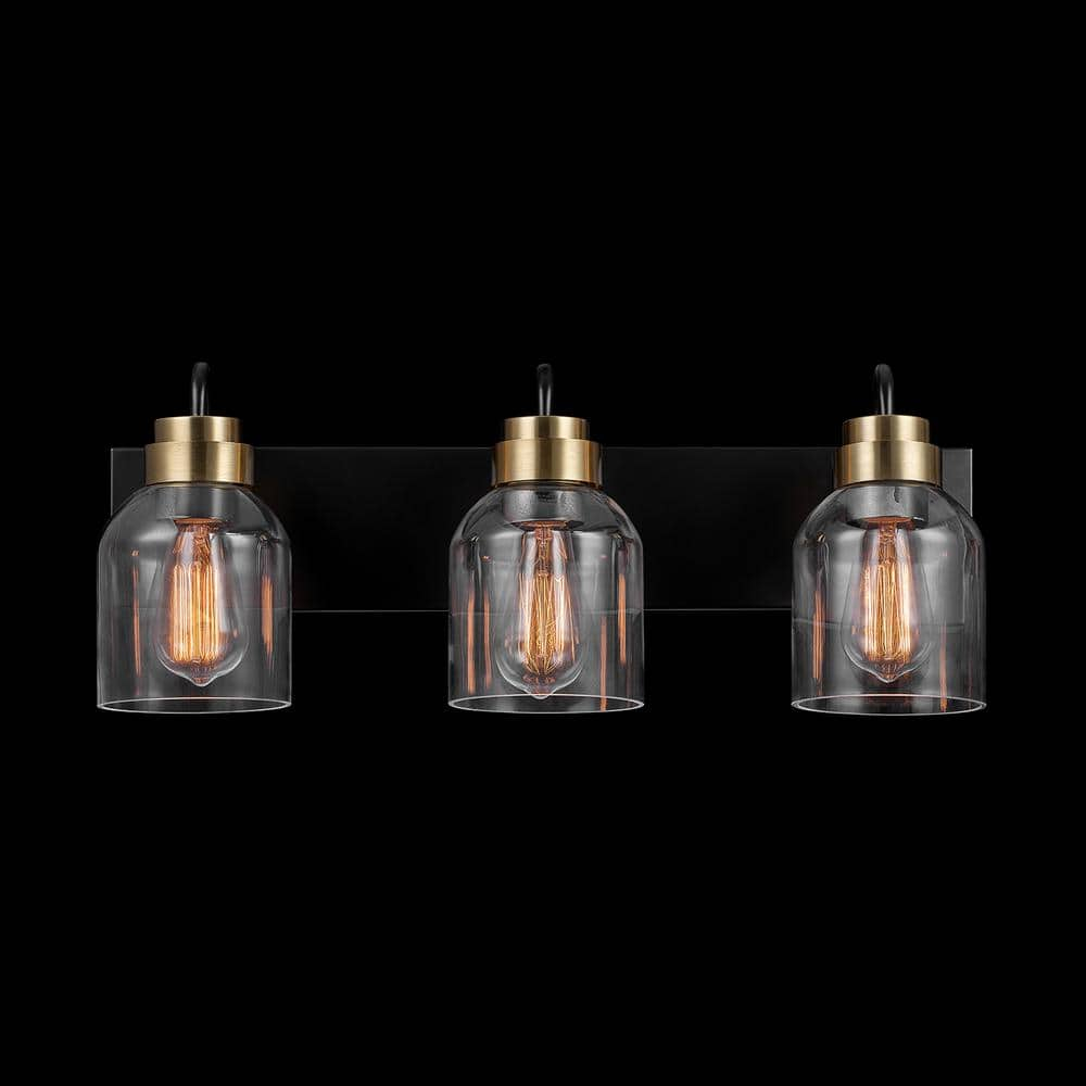 22 in. 3-Light Matte Black Vanity Light with Matte Brass Accents and Glass Shades