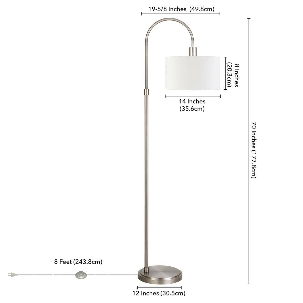 Evelyn&Zoe Veronica 70" Tall Arc Floor Lamp with Fabric Shade, Brushed Nickel/White