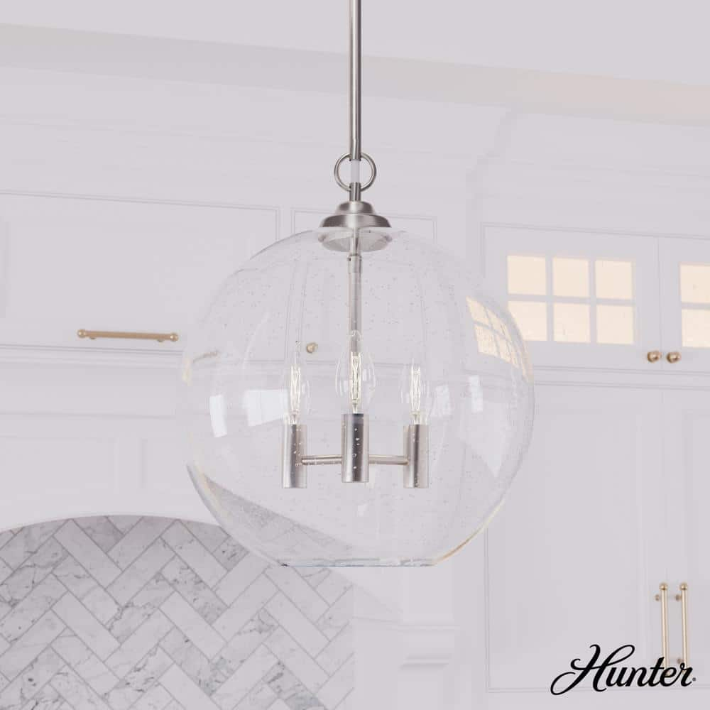 Hunter - High Oaks 3-light Brushed Nickel, Medium Size Pendant Light, Dimmable, Formal Style, Globe Shaped, for Bedrooms, Kitchens, Dining, Living Rooms - 48061