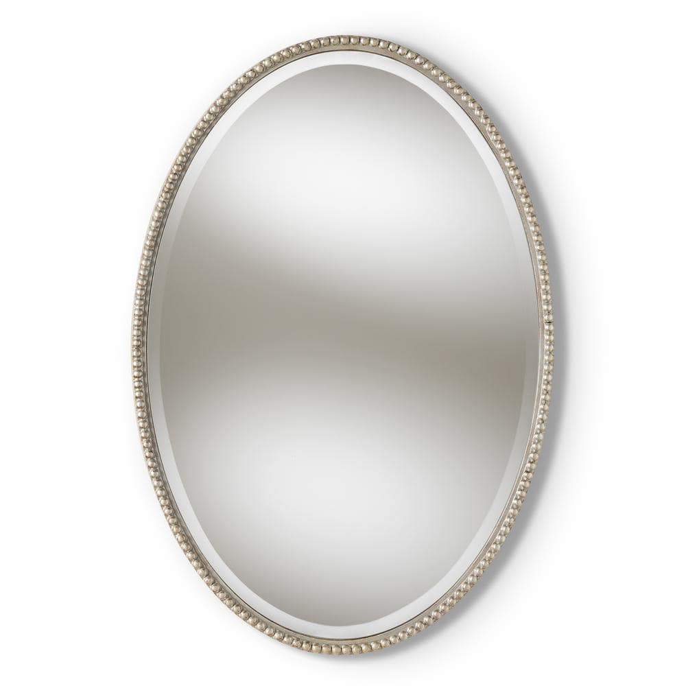 Elegant Oval Beaded Wall Mirror in Antique Silver Finish