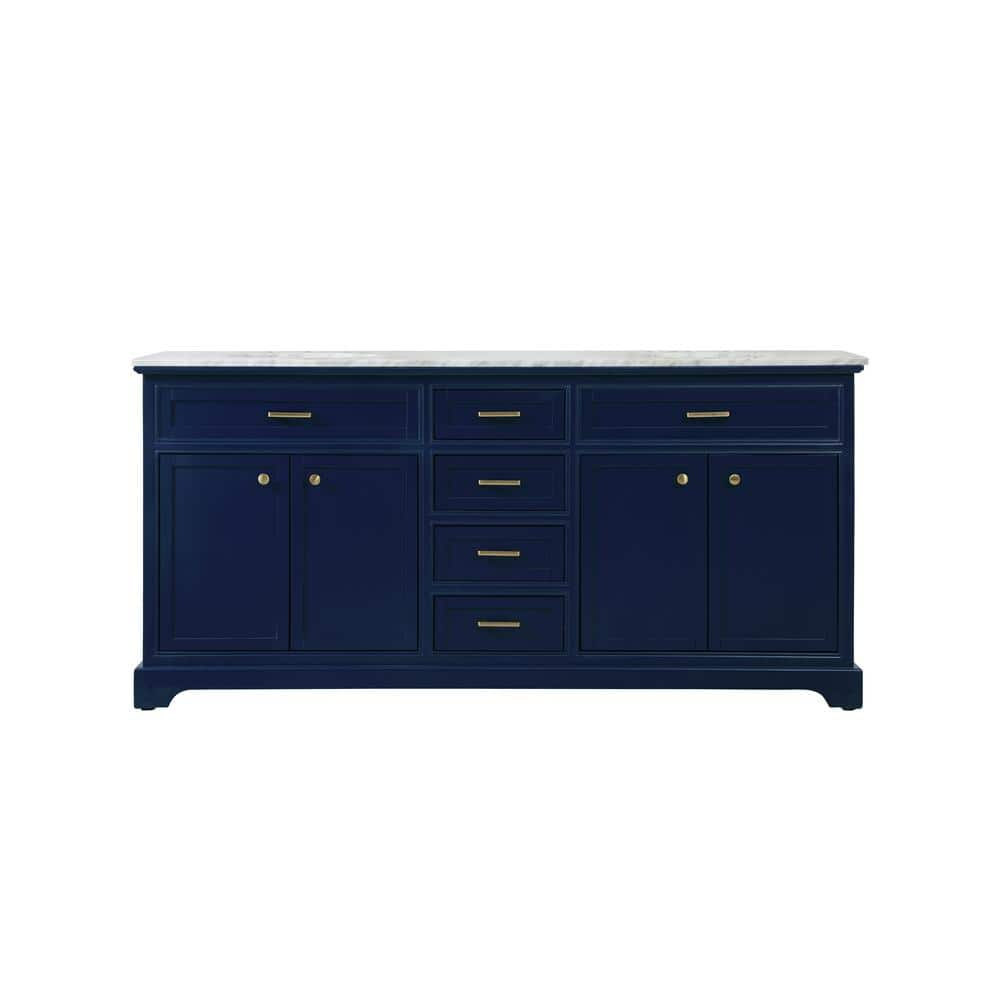 Elegant Decor Americana 72" Metal MDF Marble Double Bathroom Vanity in Blue