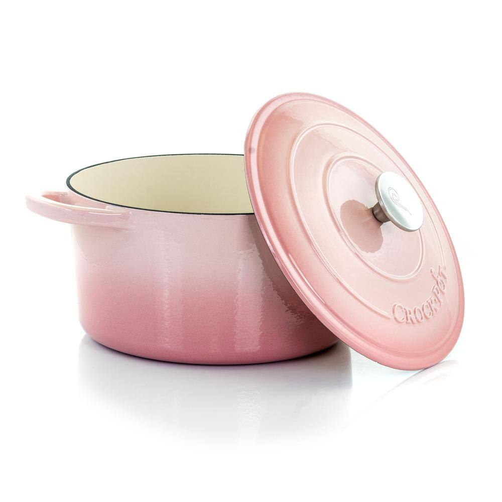 Crock-Pot 5 Quart Round Enamel Cast Iron Covered Dutch Oven Cooker, Blush Pink